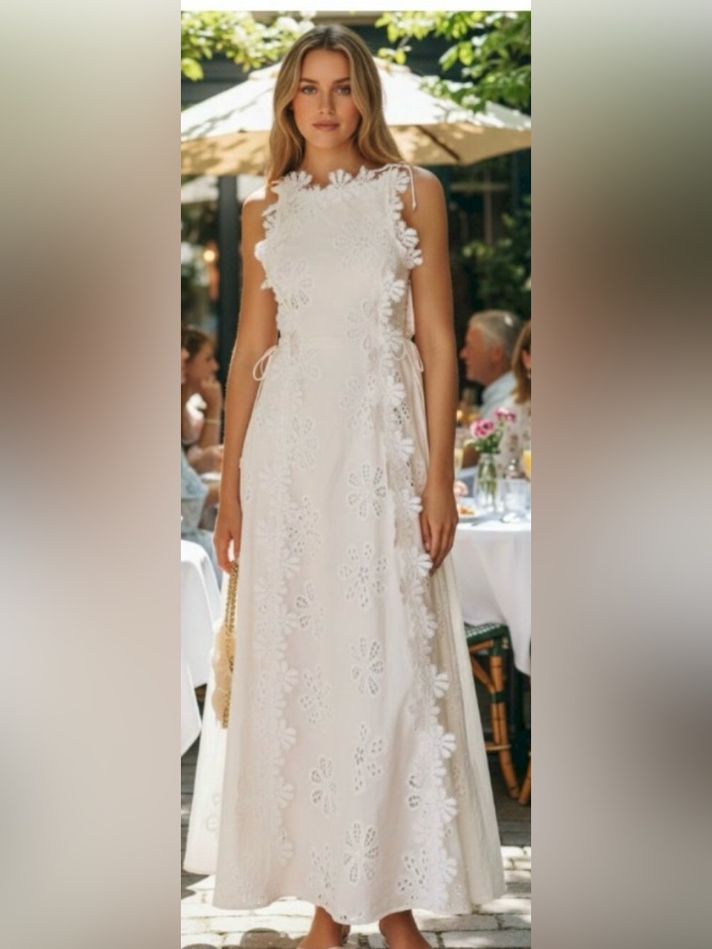 White Floral Eyelet Maxi Dress - Women's Elegant Sleeveless Dress
